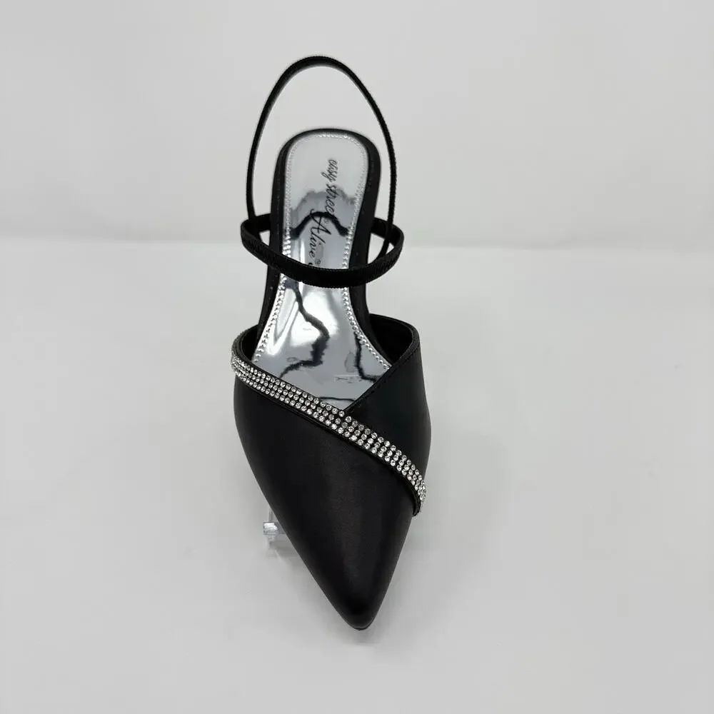 Easy Street Unna Slingback Pumps Black Satin Rhinestone Kitten Heel Women’s 6.5N